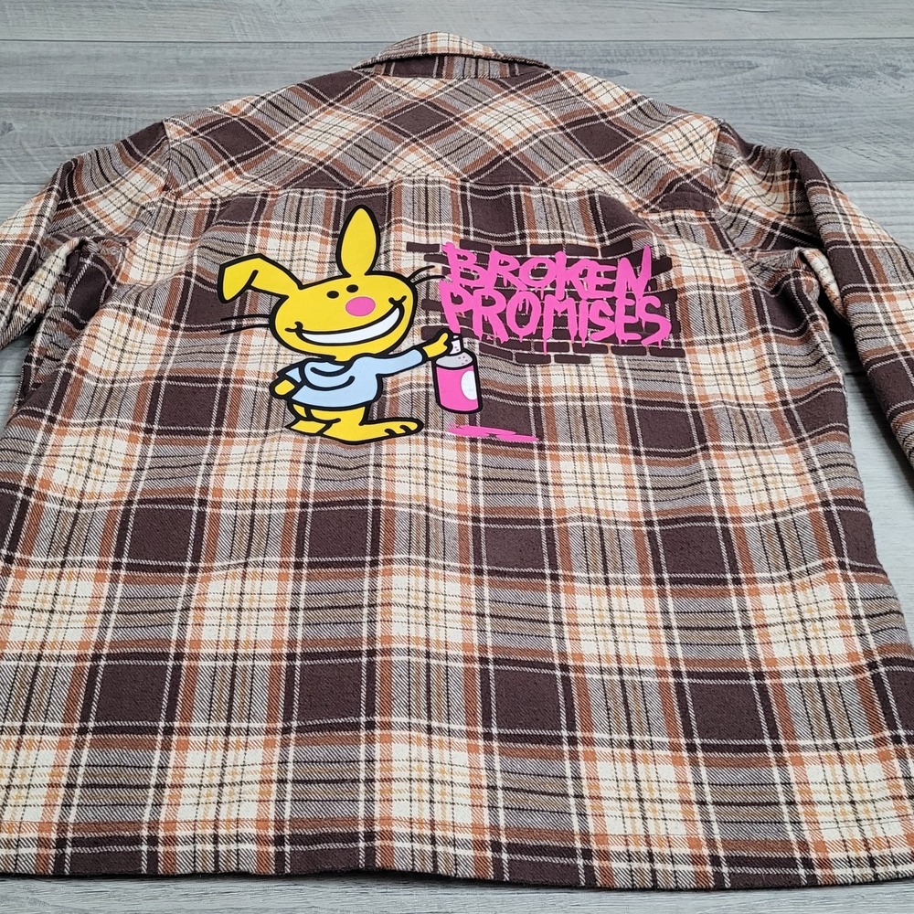 🐰Broken Promises x Happy Bunny Flannel Women's S Brown Plaid Graphic Y2K Art - Picture 11 of 16
